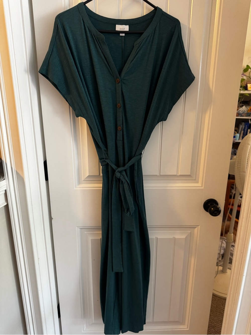 Pure Jill J.Jill Teal Green Wide Leg Jumpsuit XL Tie Waist Button Front